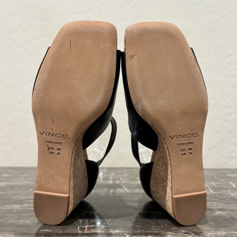 Vince Kensey Black Leather Cork Wedge Sandals - Picture 8 of 11
